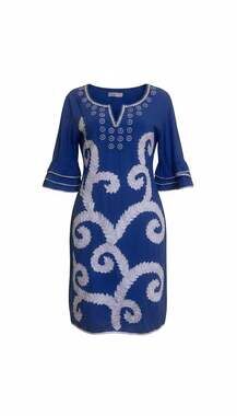 Anany Blue Cotton Embroidered Eyelet Ruffle Sleeve Tunic Mini Dress